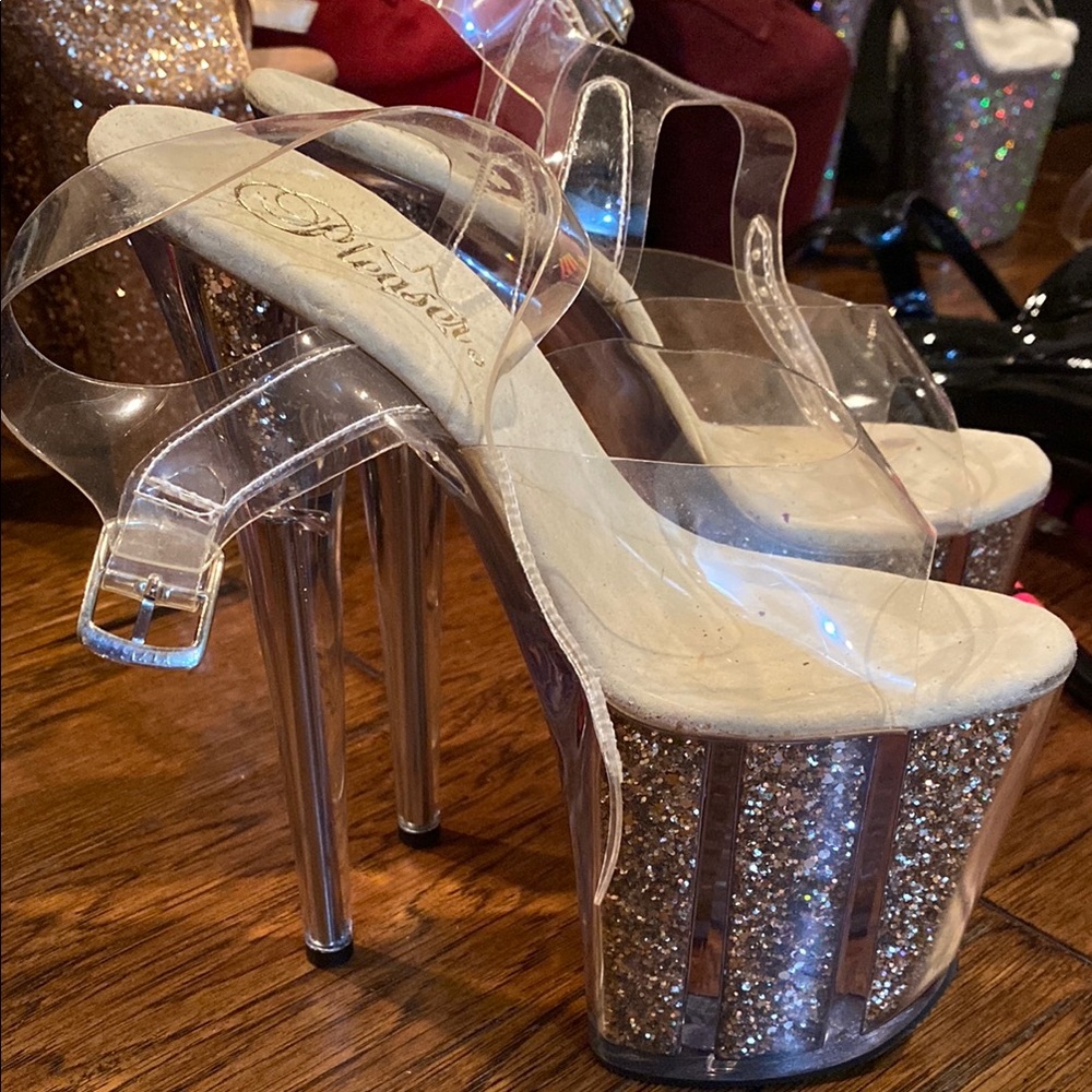 Pleaser Cream and Gold Heels with Glitter Platform